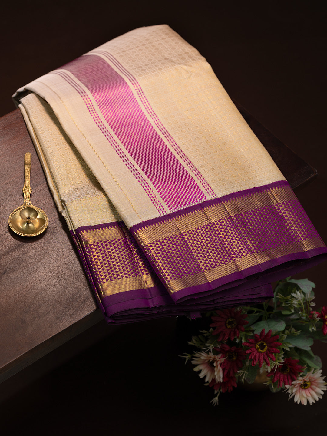 Men Premium Pure Silk Fawn Dhoti & Towel Set with 2-gram Gold Coating Jari Border Amirtham