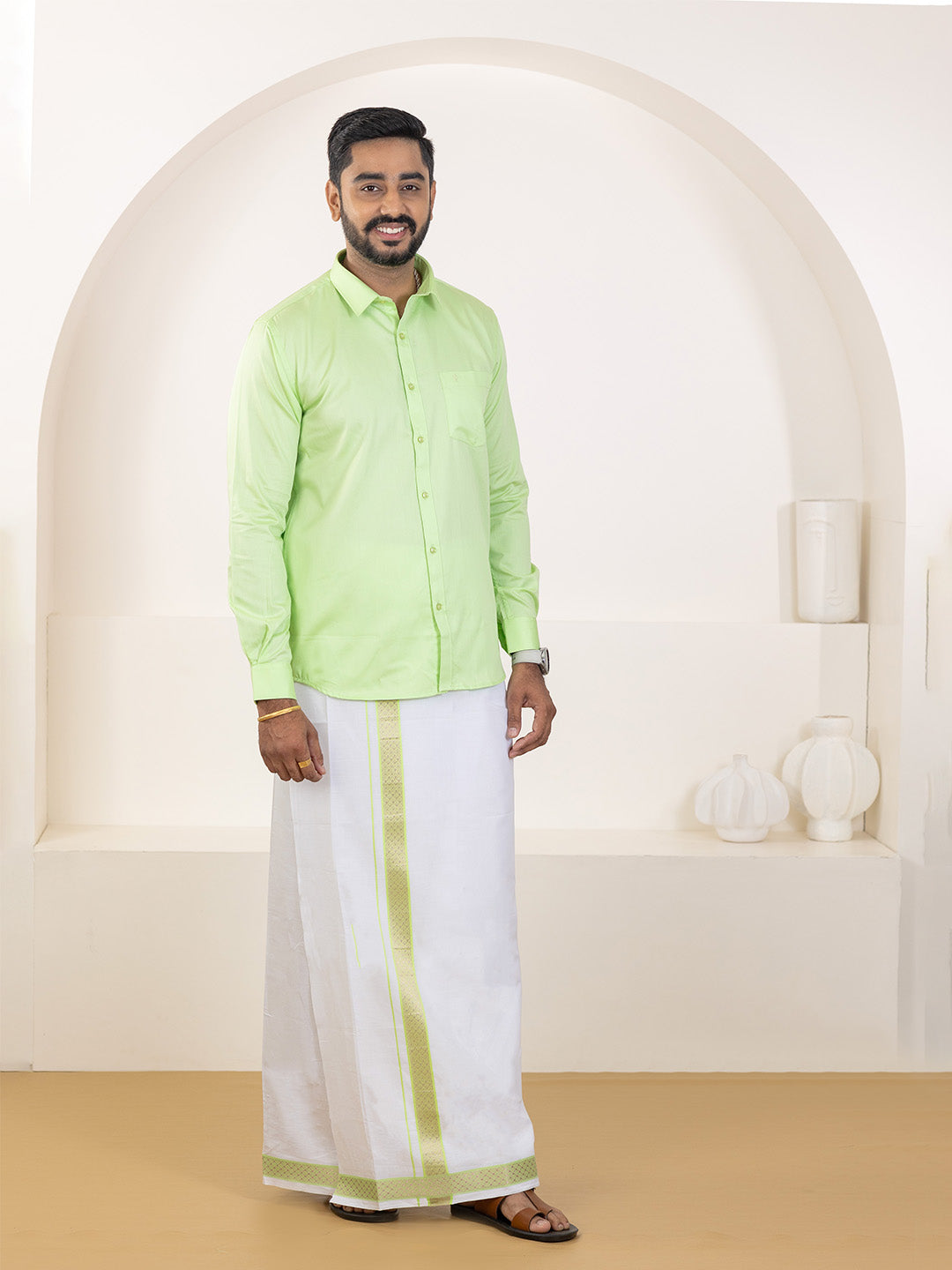 Men 100% Cotton Green Shirt and Fancy Border Dhoti Set BT3