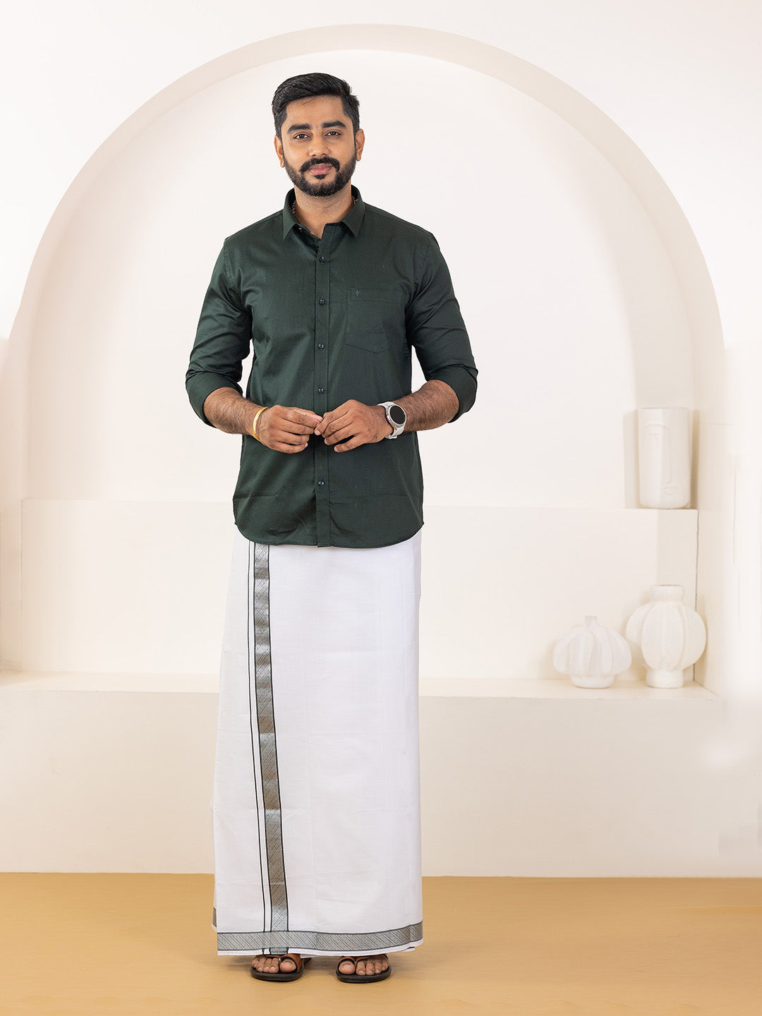 Men 100% Cotton Dark Green Shirt and Fancy Border Dhoti Set BT10