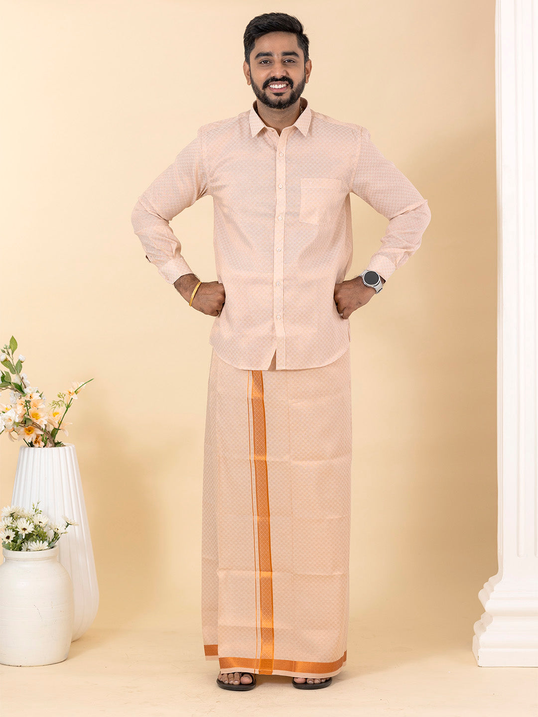 Men Copper Tissue Jacquard Full Sleeves Shirt with Matching Dhoti Set CD11