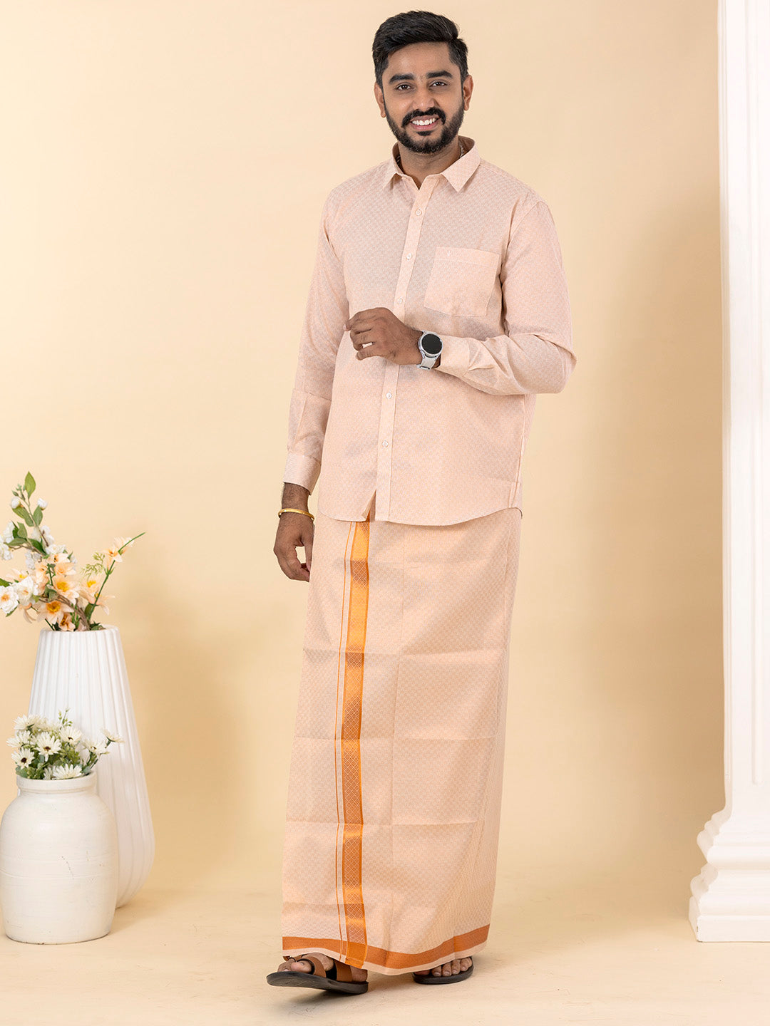 Men Copper Tissue Jacquard Full Sleeves Shirt with Matching Dhoti Set CD11
