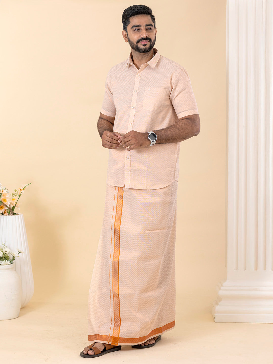 Men Copper Tissue Jacquard Half Sleeves Shirt with Matching Dhoti Set CD12