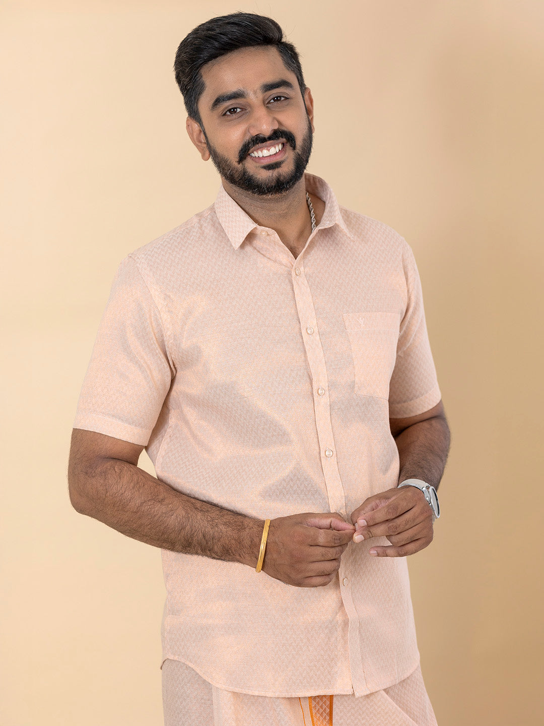 Men Copper Tissue Jacquard Half Sleeves Shirt with Matching Dhoti Set CD12