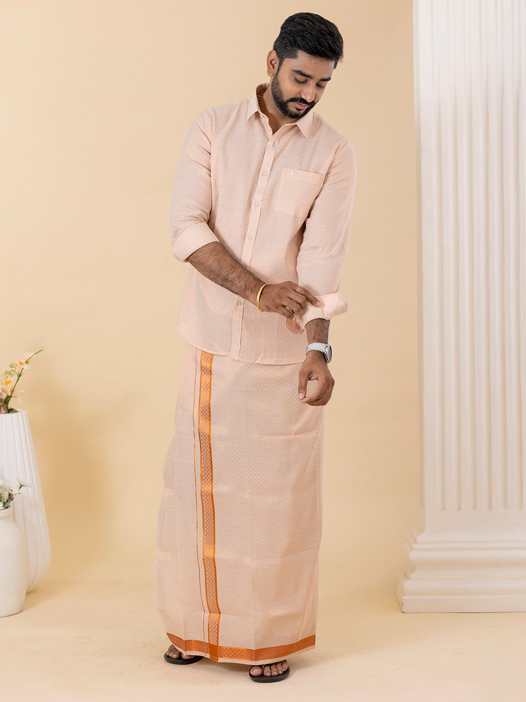 Men Copper Tissue Jacquard Full Sleeves Shirt with Matching Dhoti Set CD12