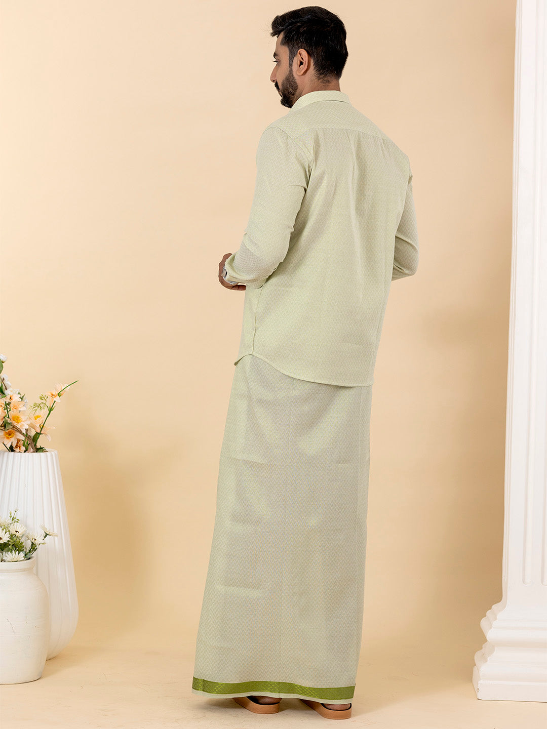 Men Moss Green Tissue Jacquard Full Sleeves Shirt with Matching Dhoti Set MGD12