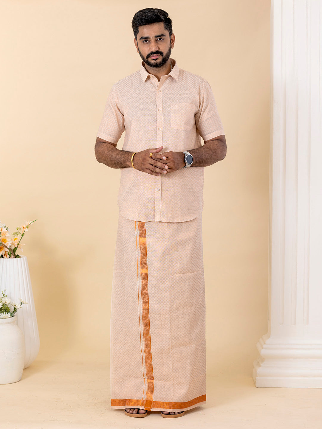 Men Copper Tissue Jacquard Half Sleeves Shirt with Matching Dhoti Set CD13