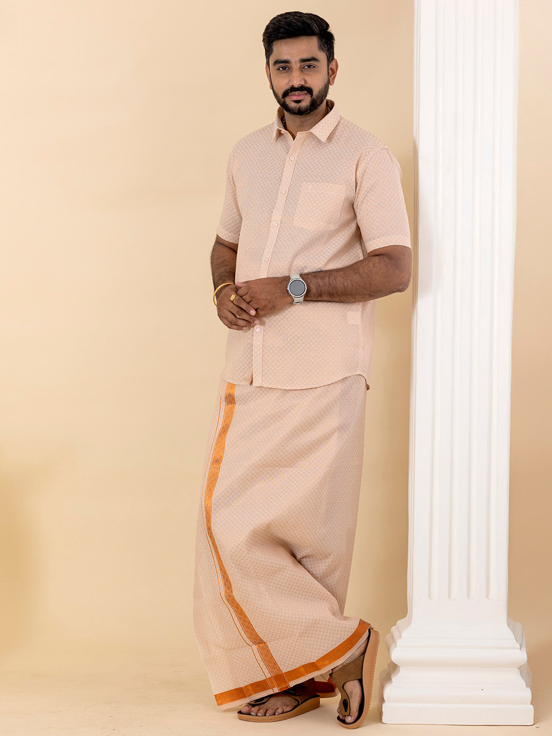 Men Copper Tissue Jacquard Half Sleeves Shirt with Matching Dhoti Set CD13