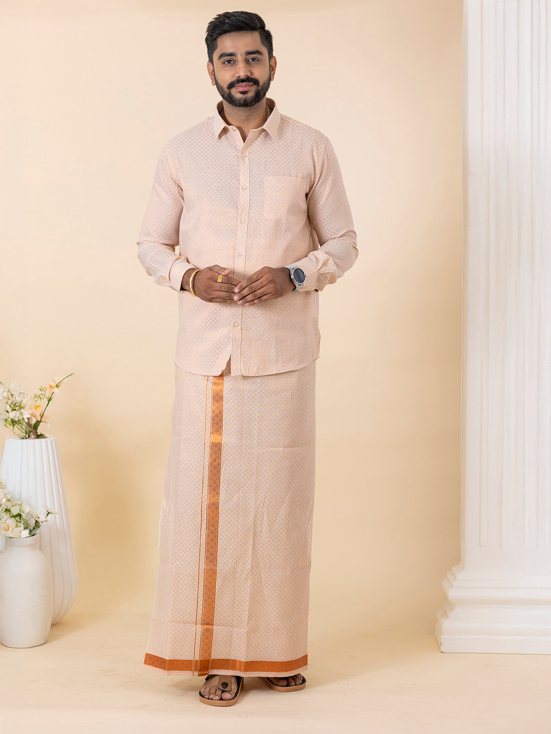 Men Copper Tissue Jacquard Full Sleeves Shirt with Matching Dhoti Set CD13