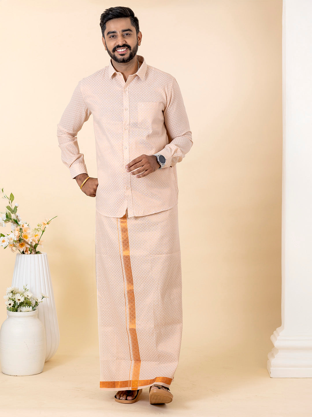 Men Copper Tissue Jacquard Full Sleeves Shirt with Matching Dhoti Set CD13