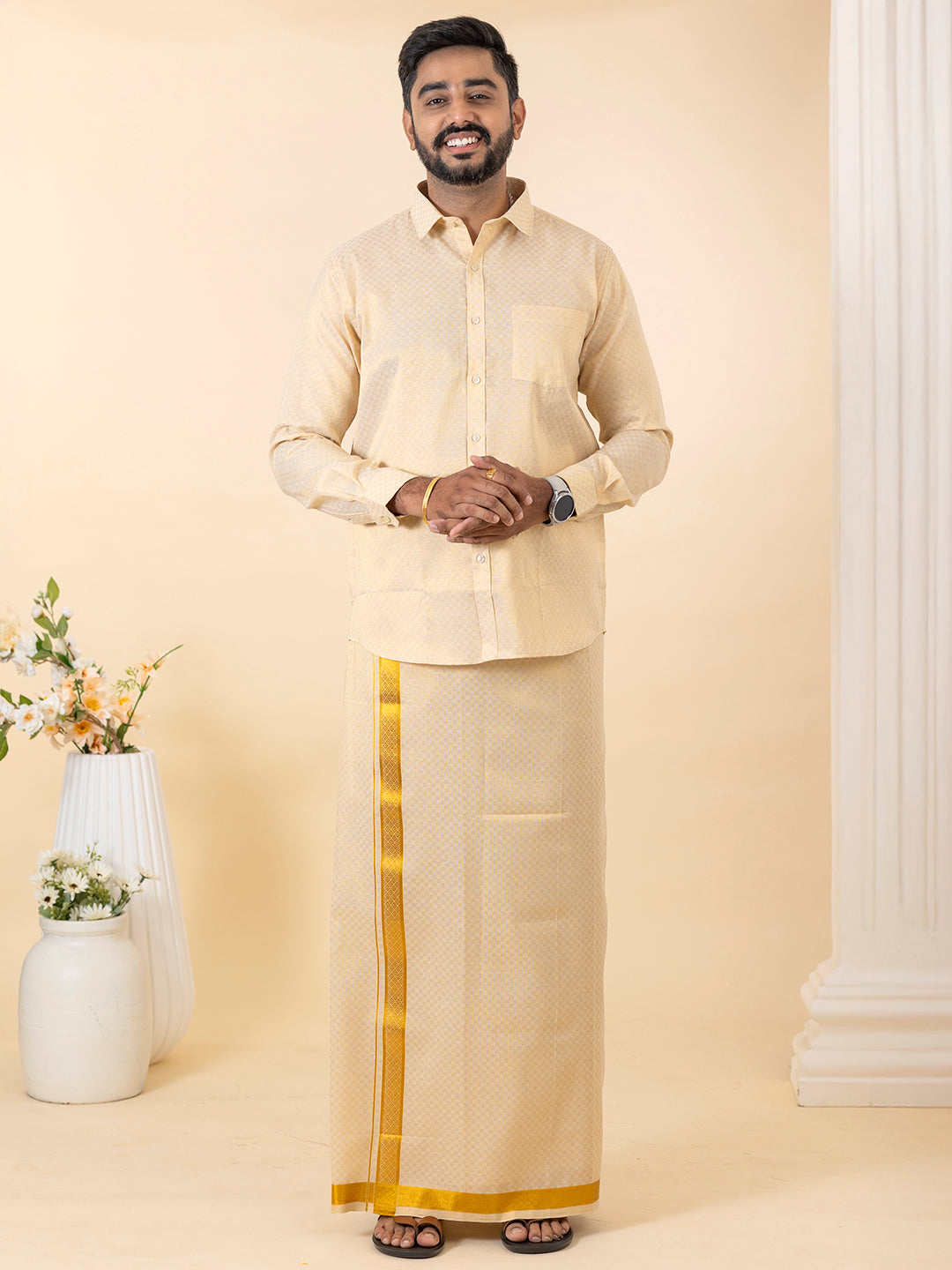 Men Gold Tissue Jacquard Full Sleeves Shirt with Matching Dhoti Set GD11