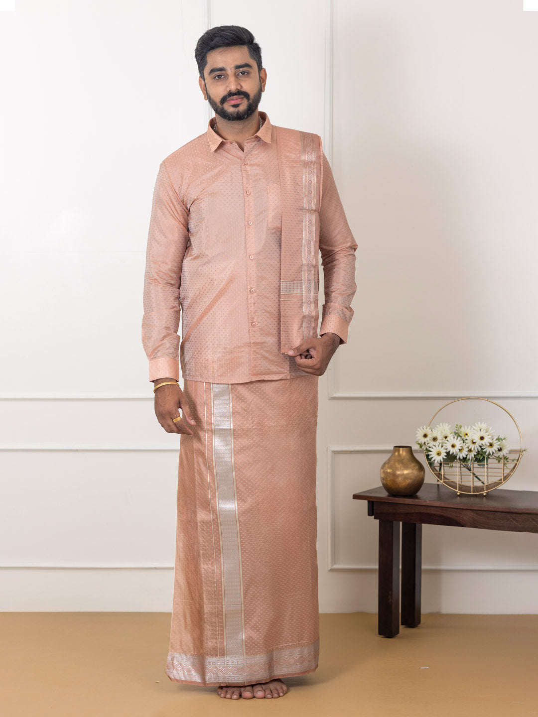 Men Art Silk Jacquard Design Shirt Dhoti & Towel Set Copper Tone Swayamvara Grand CTJD1