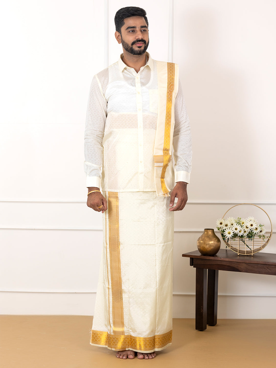 Men Art Silk Cream Self Design Shirt & Dhoti Towel Set Parinayam Grand CRJD2