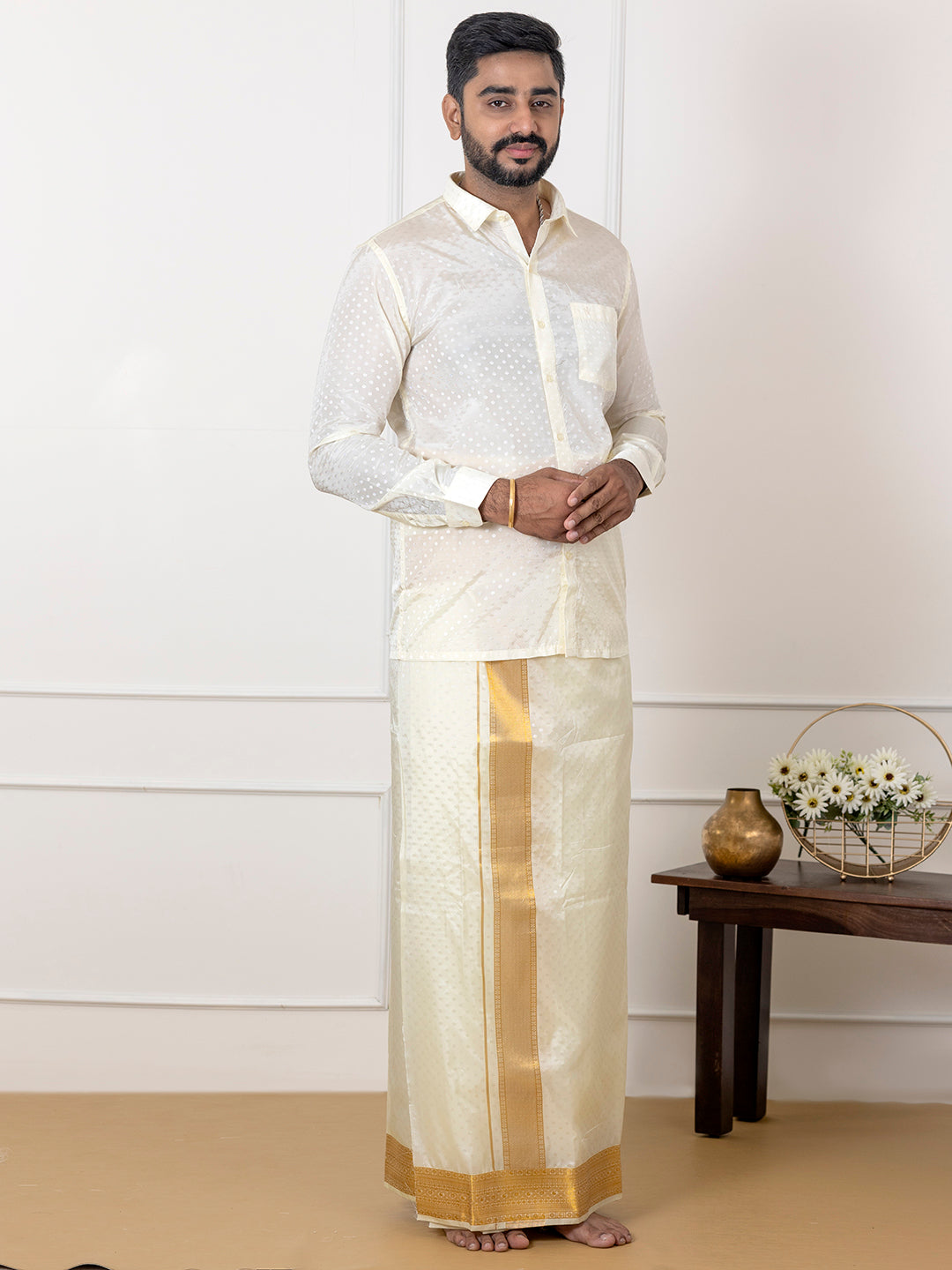 Men Art Silk Cream Self Design Shirt & Dhoti Towel Set Parinayam Grand CRJD5
