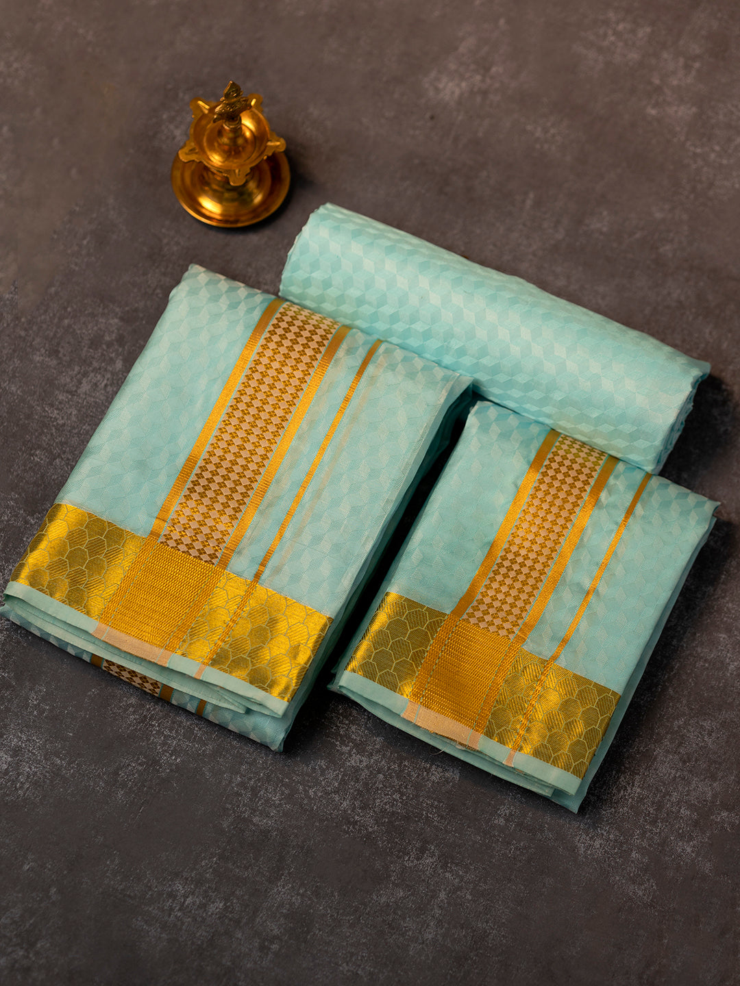 Men Pure Silk Blue Dhoti Shirting & Towel Set with 2 1/2 " inch Gold Jari Border RJ04