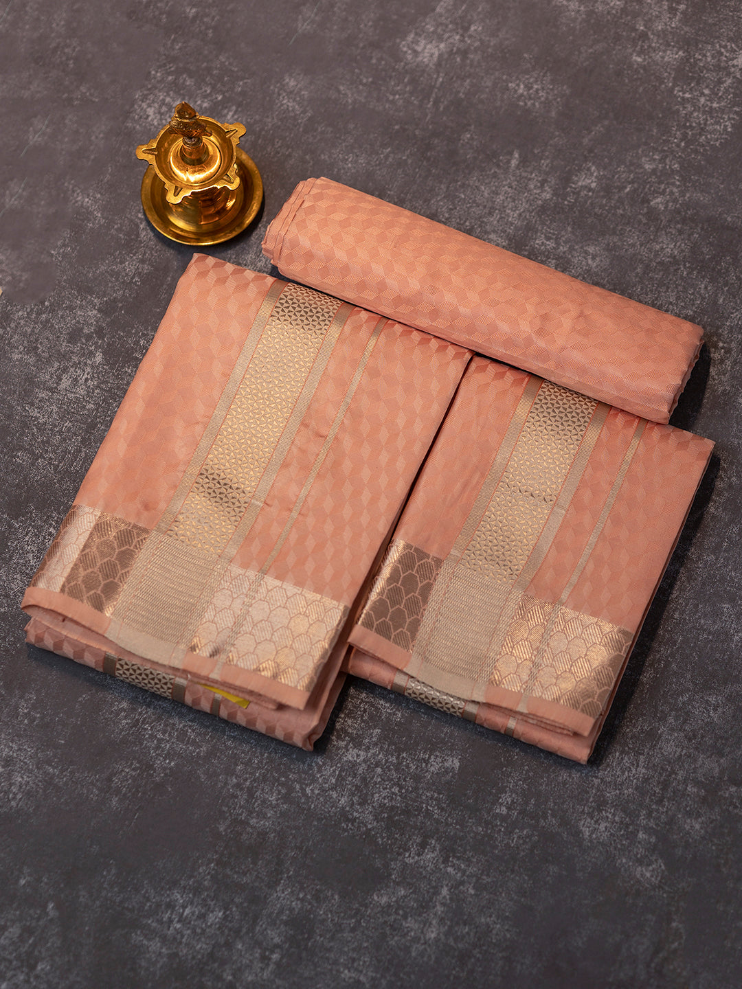 Men Pure Silk Light Copper Dhoti Shirting & Towel Set with 2 1/2 " inch Silver Jari Border RJ05