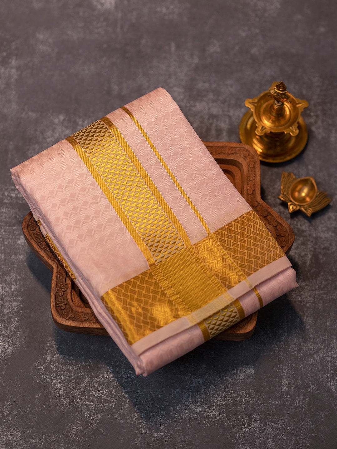 Men Pure Silk Pink Dhoti Shirting & Towel Set with 2 1/2 " inch Gold Jari Border RJ03