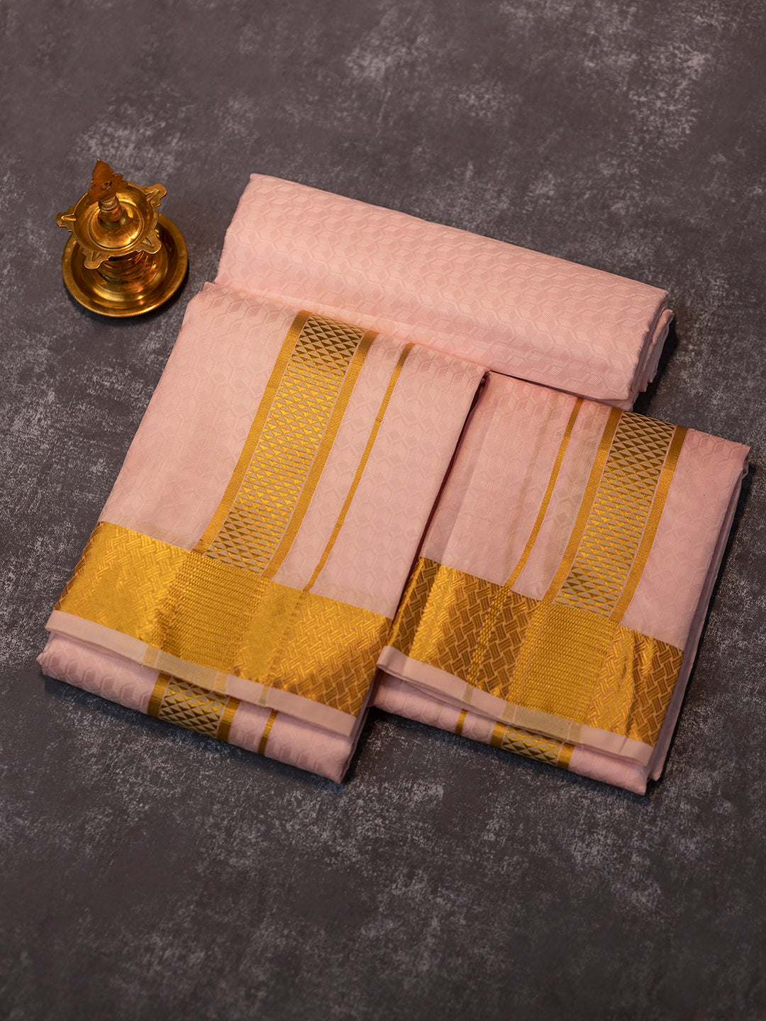 Men Pure Silk Pink Dhoti Shirting & Towel Set with 2 1/2 " inch Gold Jari Border RJ03