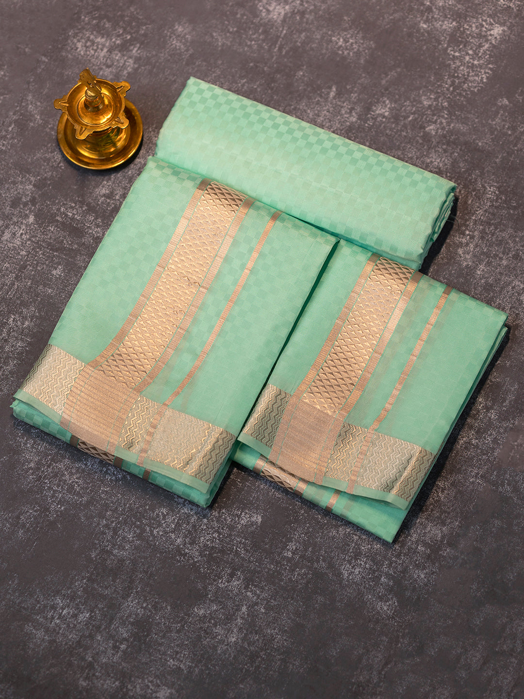 Men Pure Silk Green Dhoti Shirting & Towel Set with 2" inch Silver Jari Border RJ08