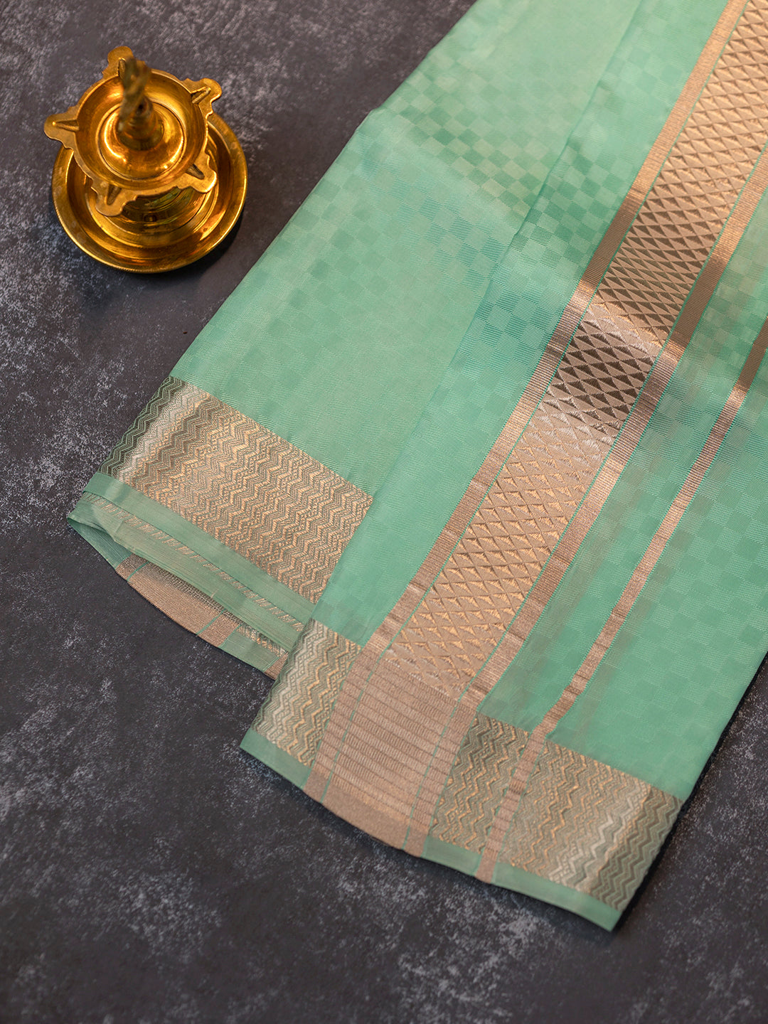 Men Pure Silk Green Dhoti Shirting & Towel Set with 2" inch Silver Jari Border RJ08