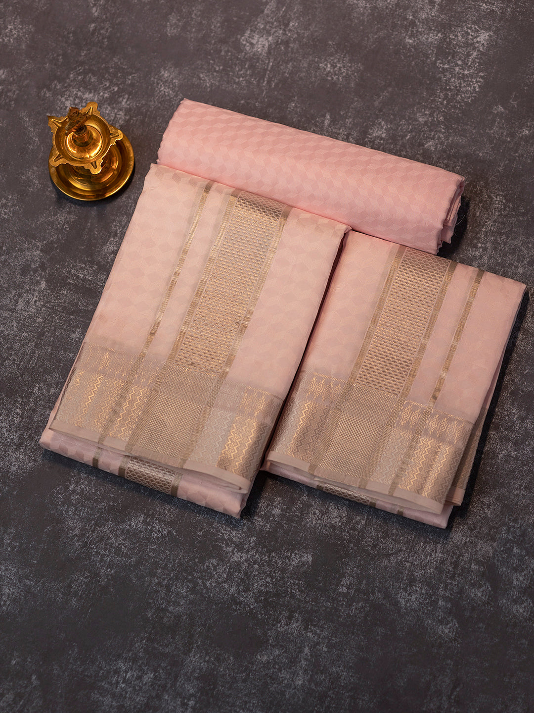 Men Pure Silk Pink Dhoti Shirting & Towel Set with 3" inch Silver Jari Border RJ02