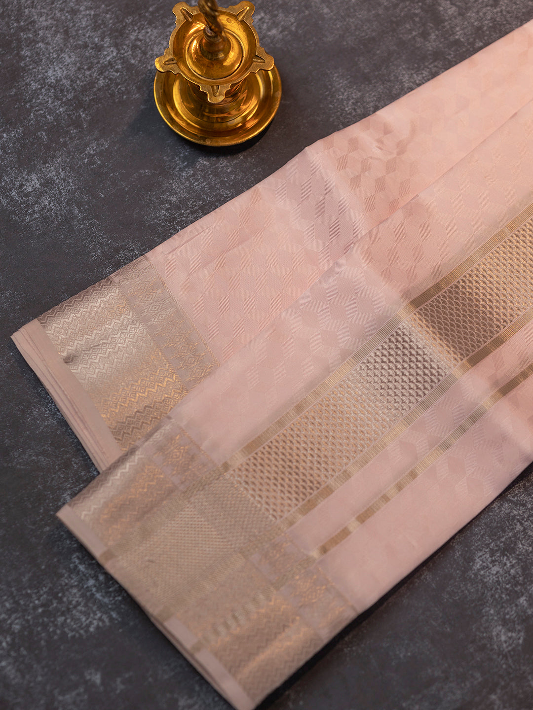 Men Pure Silk Pink Dhoti Shirting & Towel Set with 3" inch Silver Jari Border RJ02