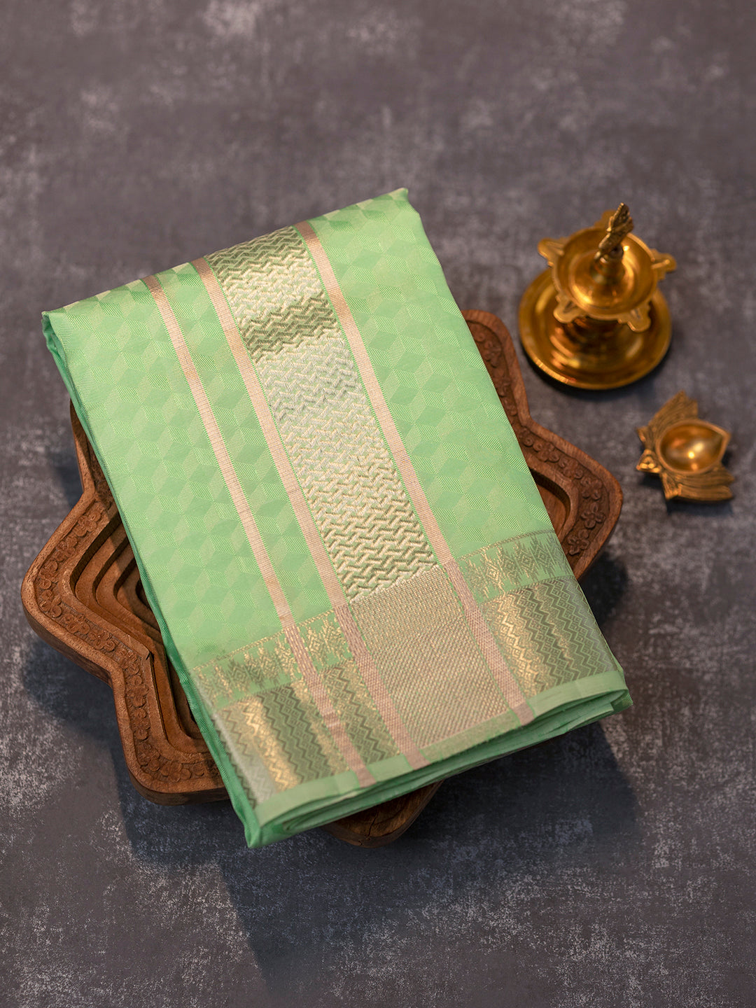Men Pure Silk Green Dhoti Shirting & Towel Set with 3" inch Silver Jari Border RJ01
