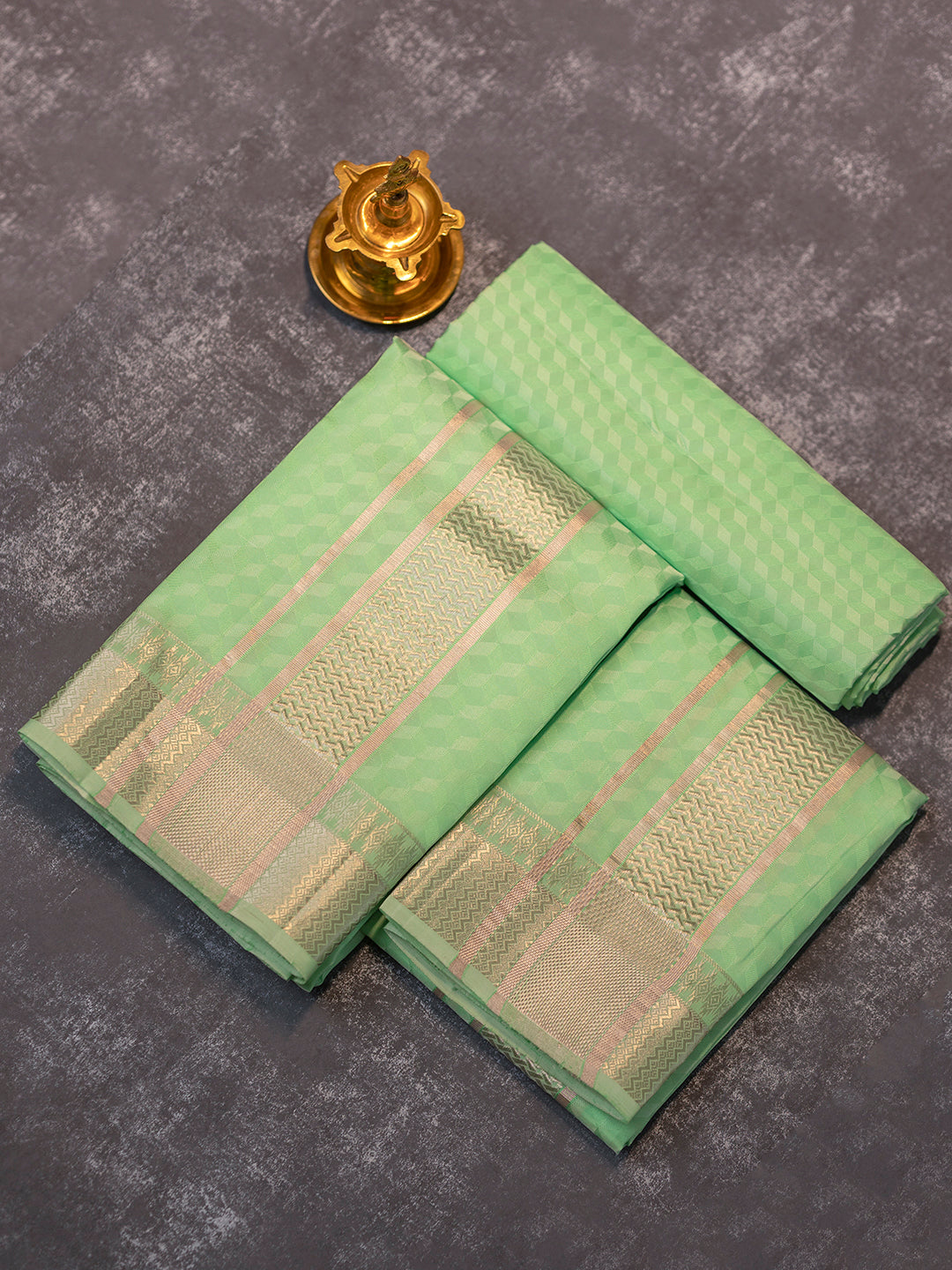 Men Pure Silk Green Dhoti Shirting & Towel Set with 3" inch Silver Jari Border RJ01
