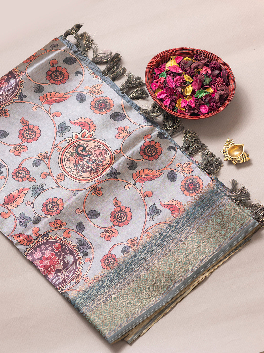 Women Grey Semi Tussar Printed Saree ASS22