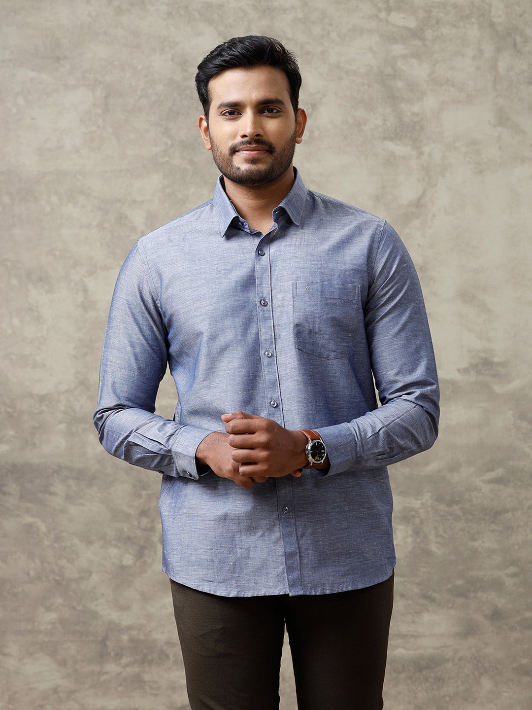 Men Linen Cotton Shirt Grey Blue LF6