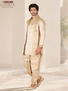 LAGNAA Premium Pure Tussar Silk Hand Embroidered Mango Sleeves Motif Kurta, Panchakacham & Angavastram set | Thanga Vaibhavam