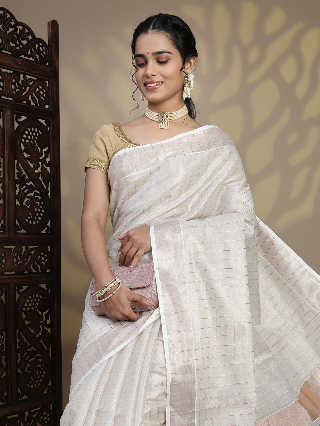 Women Kerala Tissue Checks Saree with Light Copper Border KS227