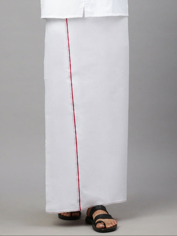 Men Cotton Blend Single Layer White Dhoti with Small Border Rajaram