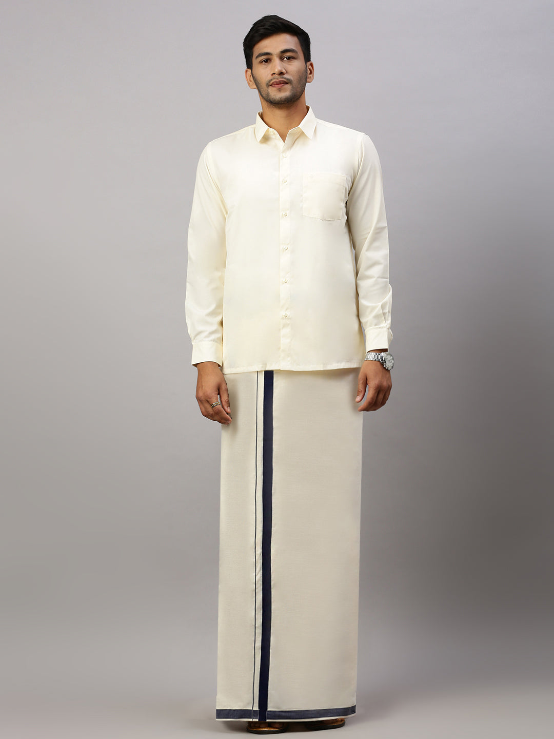 Men Kora Cotton Double Layer Dhoti with Navy Fancy Border LS03