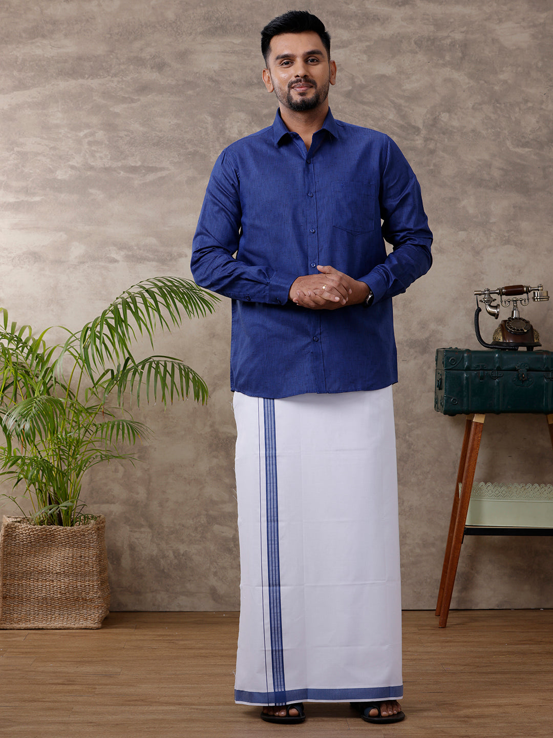 Men Matching Border Dhoti Shirt Set Full Blue C80