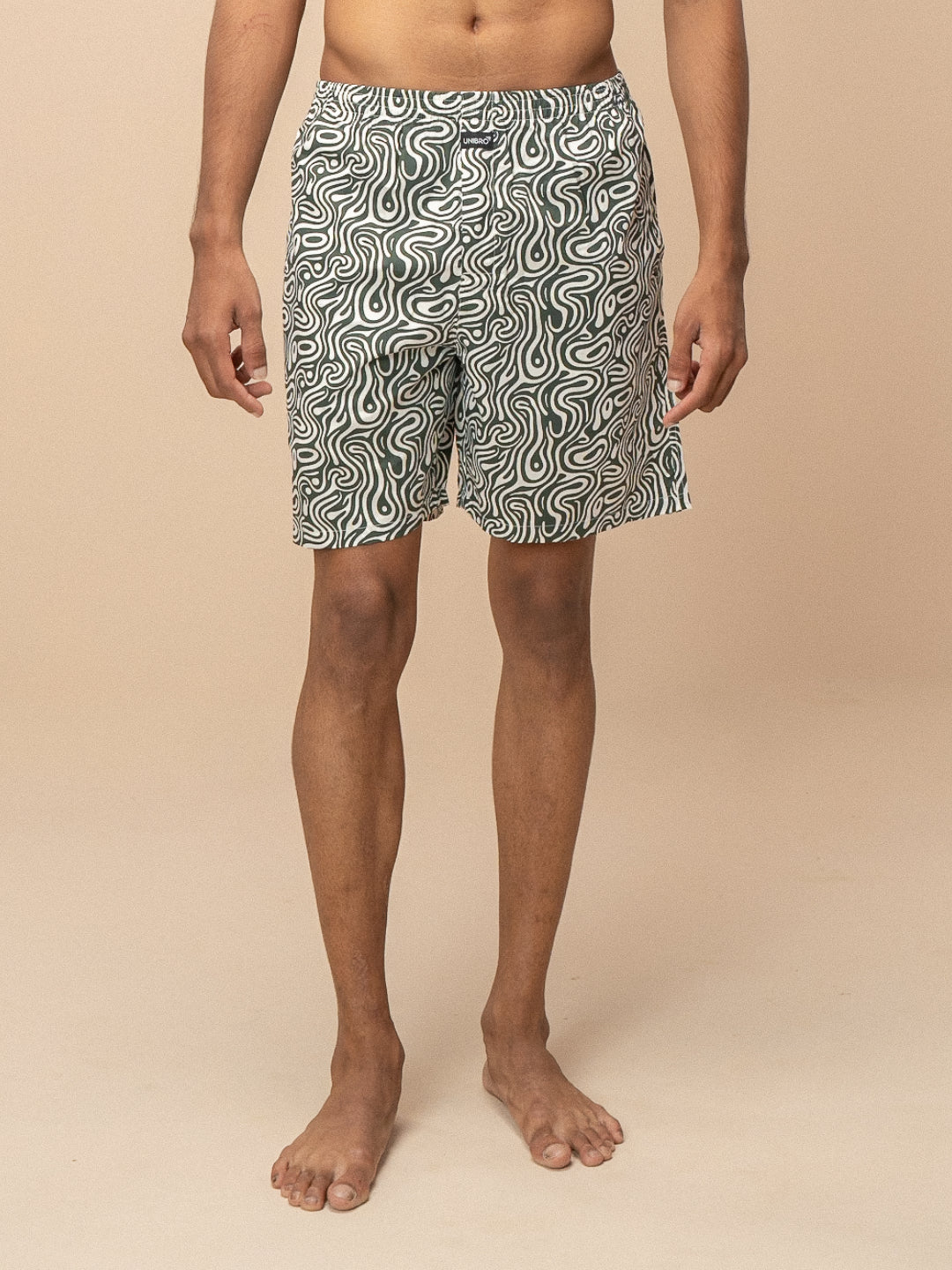 Men 100% Combed Cotton Green Woven Printed Boxer Long Shorts WB50