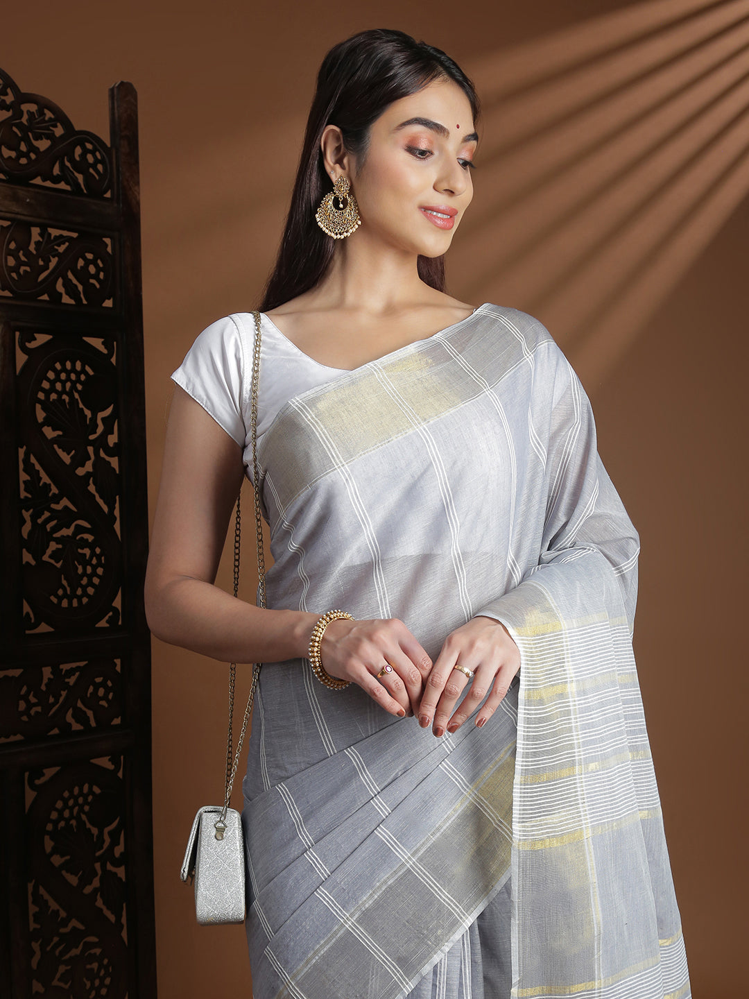 Women Grey Striped Cotton Jute Saree CJ07