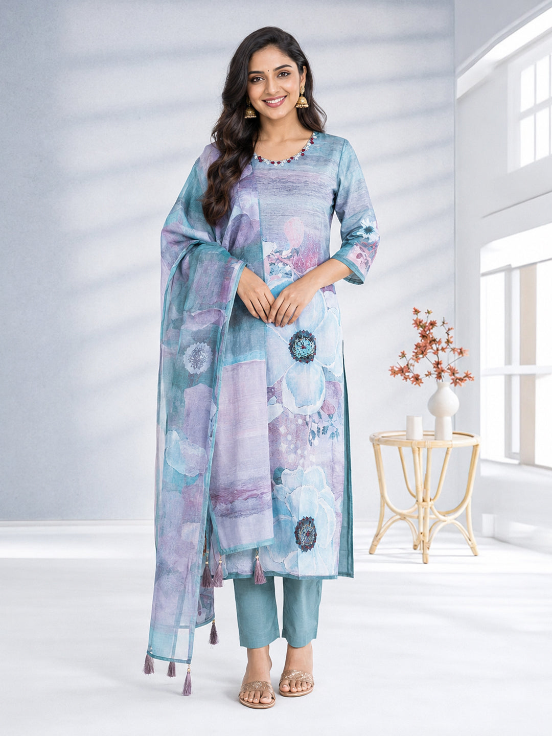 Women Greyish Blue Cotton Printed Kurti Set EKS84
