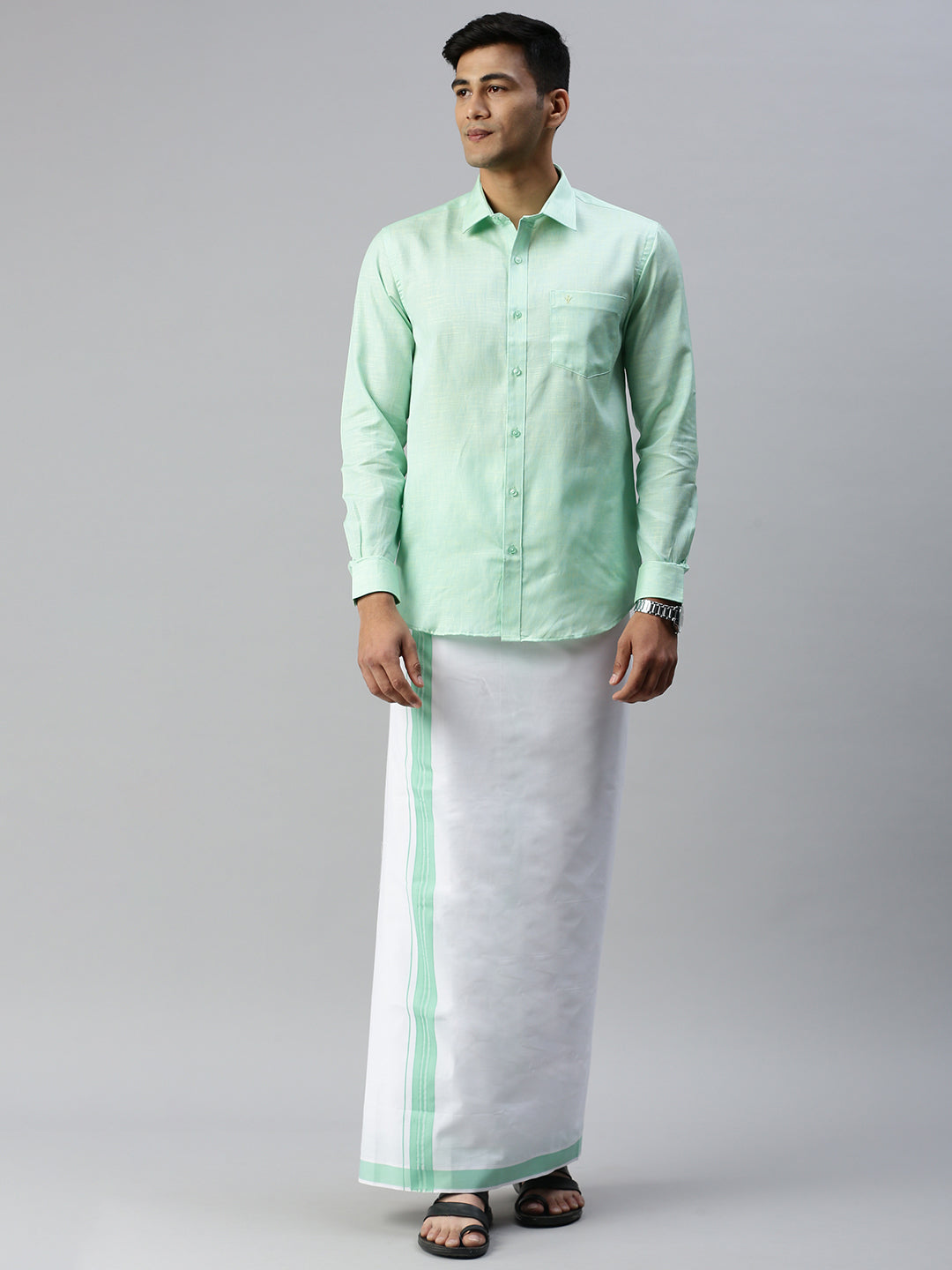 Mens Matching Border Dhoti & Shirt Set Full Light Pista Green C83