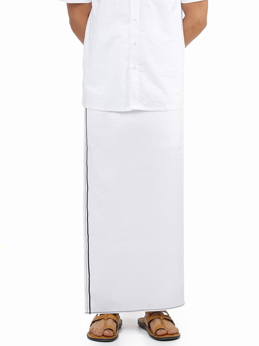 Mens 100% Cotton White Single Dhoti with Green Small Border Cotton Emperor