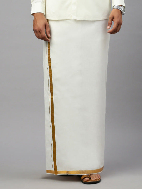 Men Cotton Blend Readymade Double Layer Cream Dhoti with Jari Border Gold Light