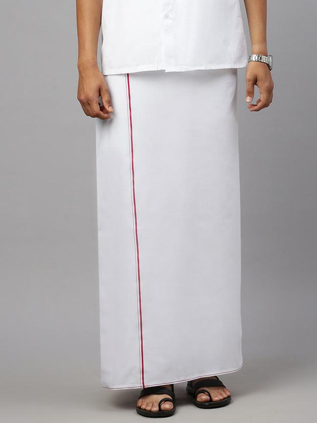 Men Cotton Blend Single Layer White Dhoti with Small Border Revolt