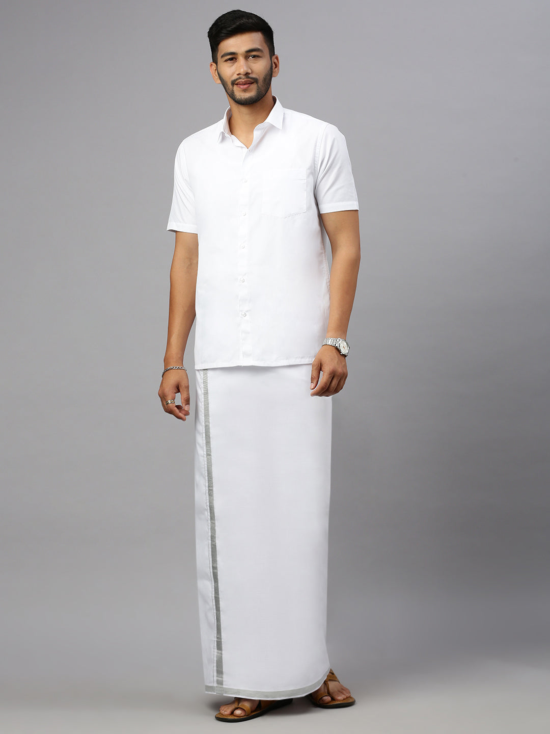 Mens White Double Dhoti with 1 " Silver Jari Border Silver Heart