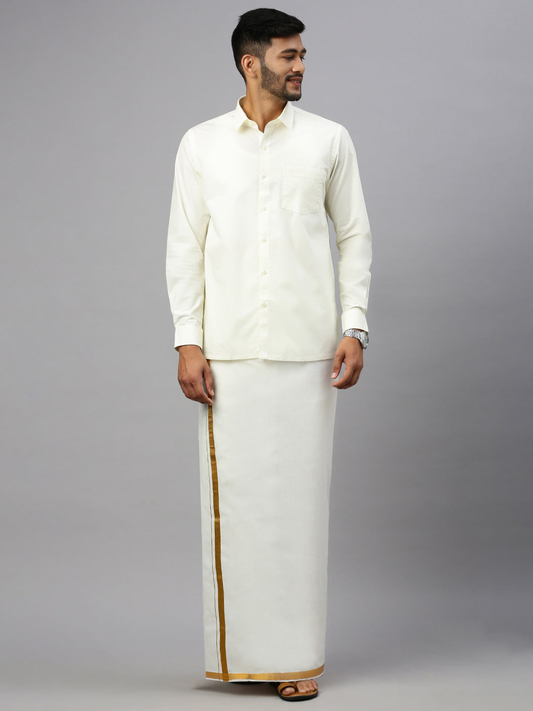 Men Cotton Blend Single Layer Cream Dhoti with 3/4" Gold Jari Border Silver Sun