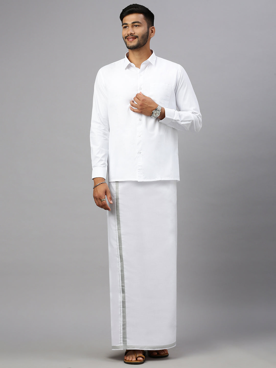 Men Cotton Blend Single Layer White Dhoti with 3/4" Silver Jari Border
