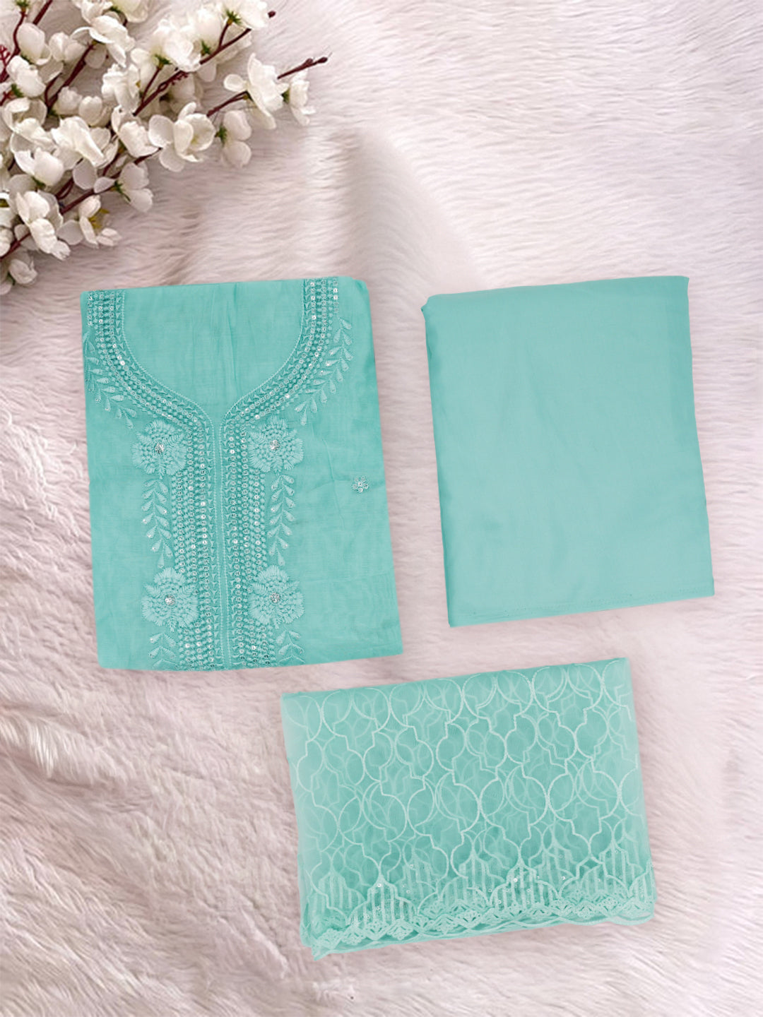 Women Semi Chanderi Embroidered Dress Material Pale Turquoise DM356
