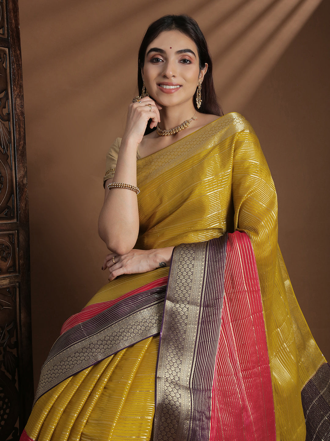 Women Semi Mysore Silk Saree Yellowish Green SS405