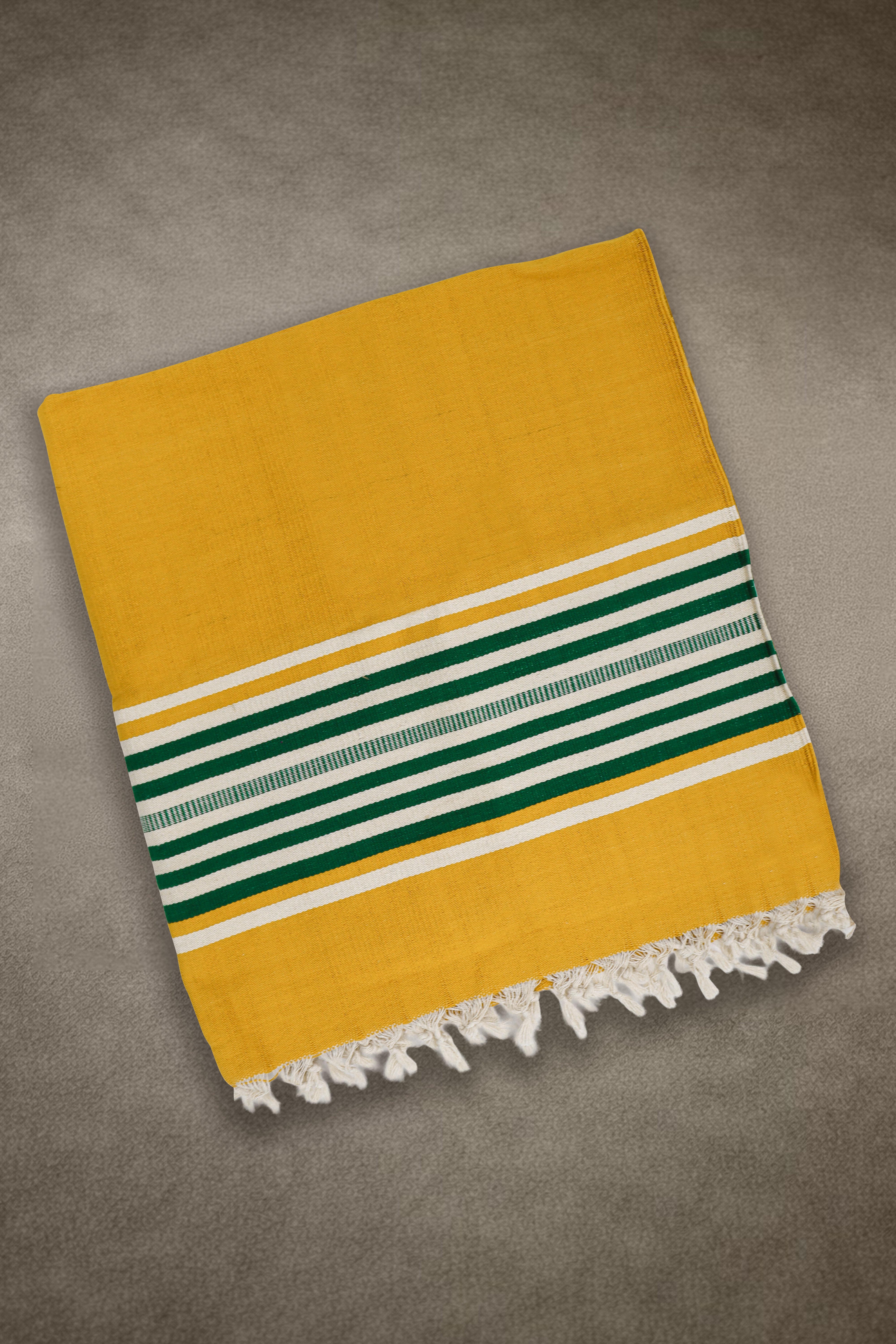 Bhavani Jamakkalam / Handwoven Cotton Carpet Yellow Base with White & Green Stripes (3.25 ft × 6.5 ft)