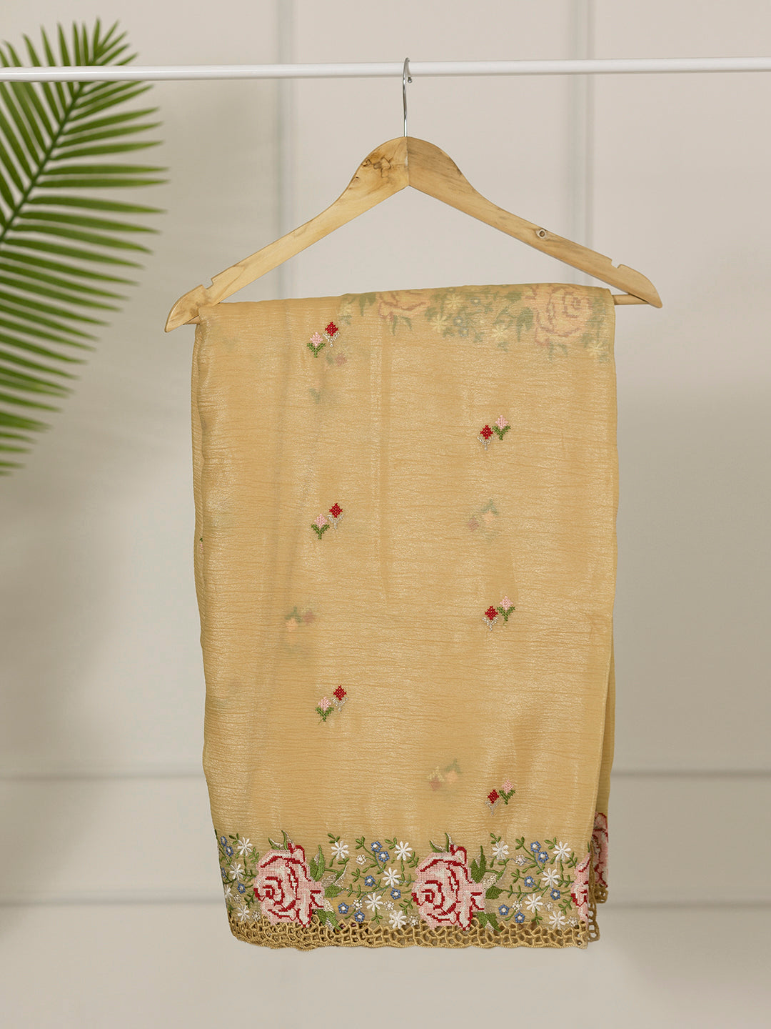 Women Light Yellow Tissue Embroidered Saree TS08