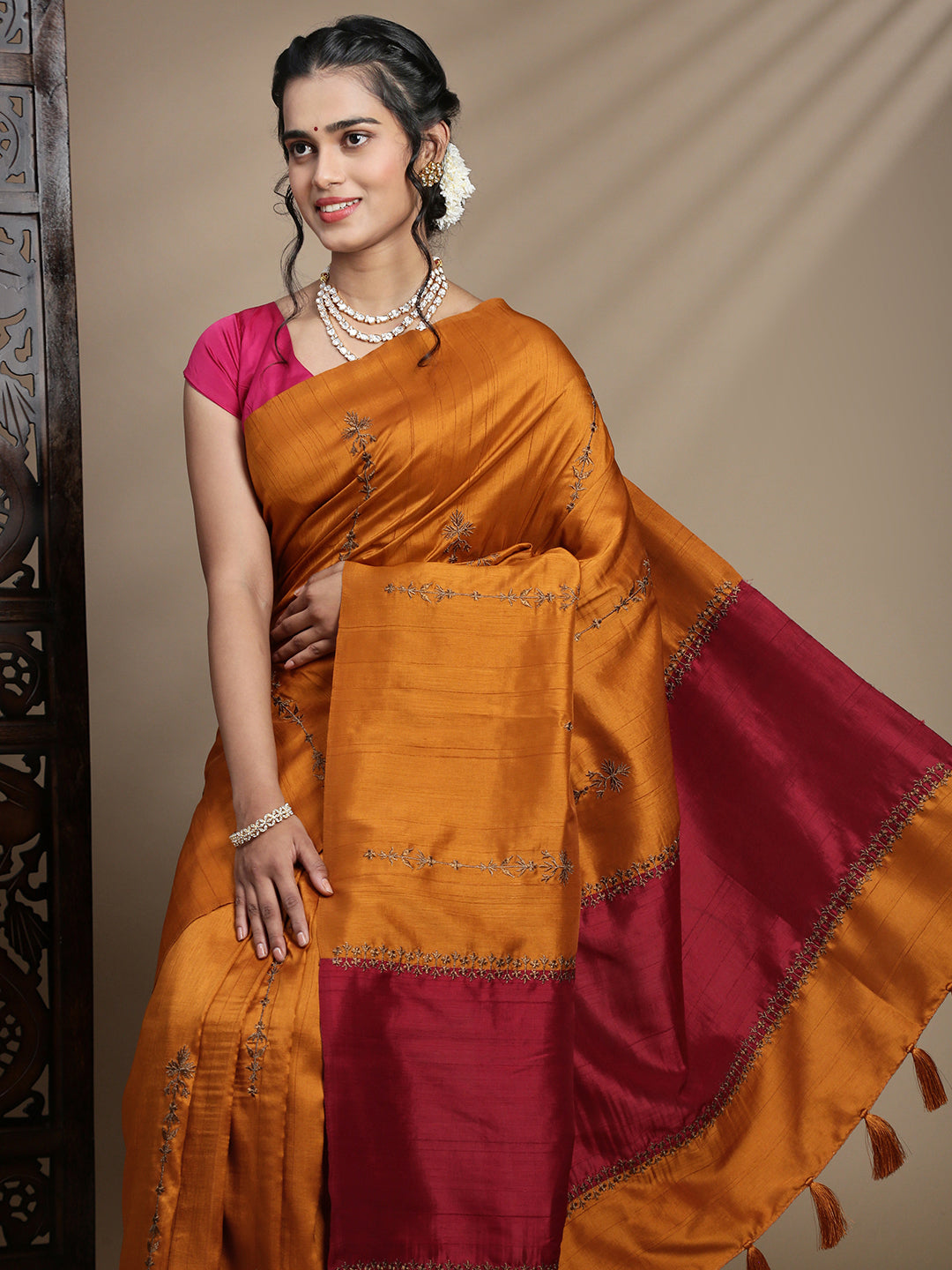 Women Orange Semi Tussar Embroidered Saree ST316