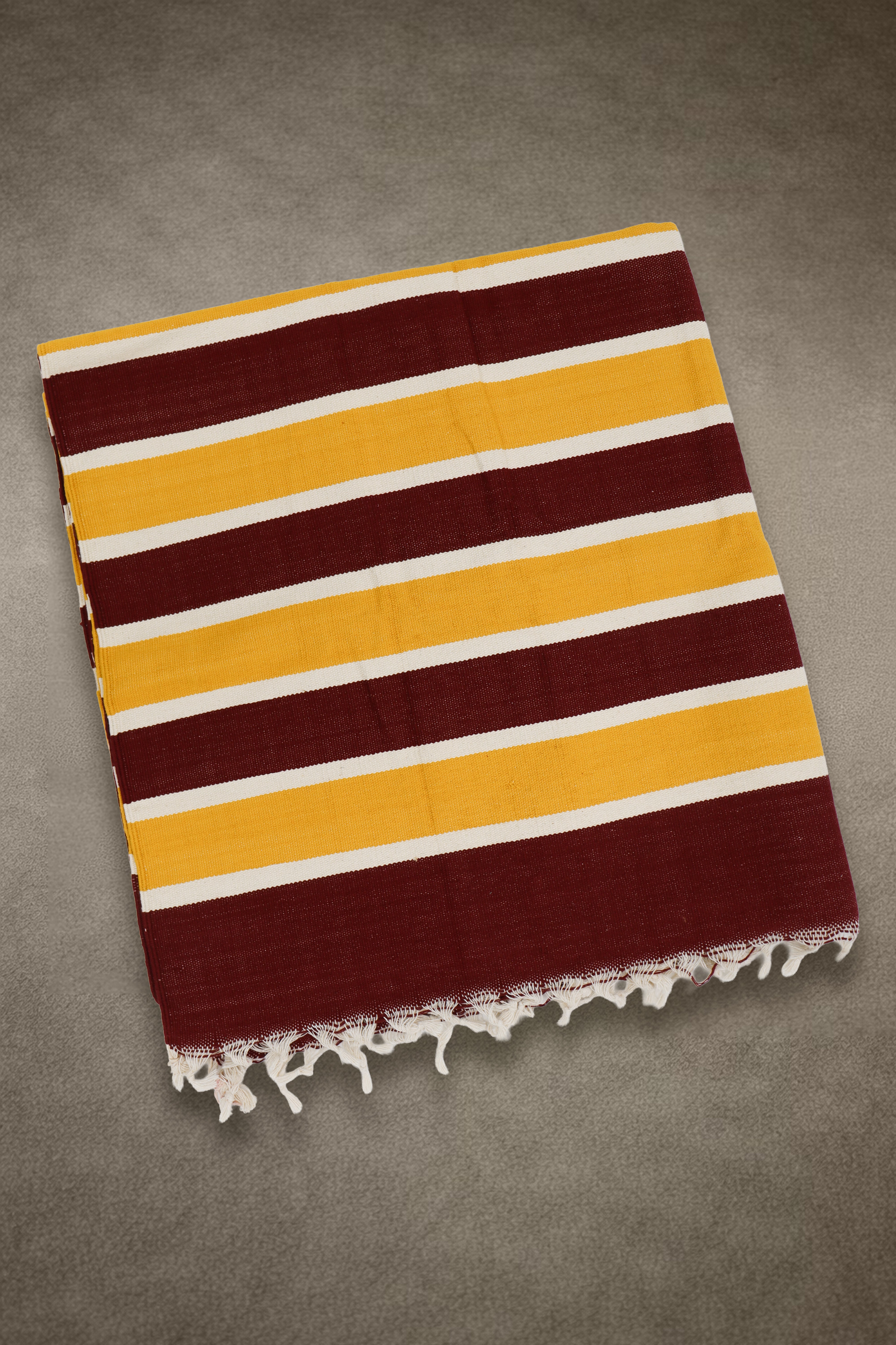 Bhavani Jamakkalam / Handwoven Cotton Carpet Maroon Base with White & Yellow Stripes (3.25 ft × 6.5 ft)